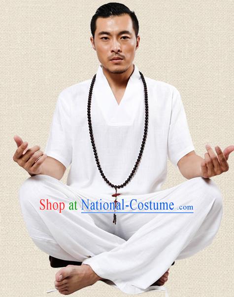 Traditional Chinese Kung Fu Costume Martial Arts Linen Plated Buttons White Suits Pulian Meditation Clothing, China Tang Suit Uniforms Tai Chi Clothing for Men