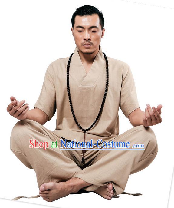 Traditional Chinese Kung Fu Costume Martial Arts Linen Plated Buttons Khaki Suits Pulian Meditation Clothing, China Tang Suit Uniforms Tai Chi Clothing for Men