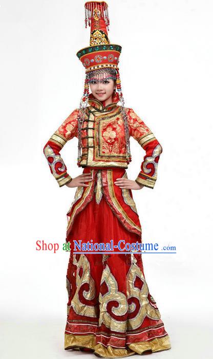 Traditional Chinese Mongol Nationality Dance Costume and Hat Complete Set, Mongols Female Folk Dance Ethnic Pleated Skirt, Chinese Mongolian Minority Nationality Red Dress Clothing for Women