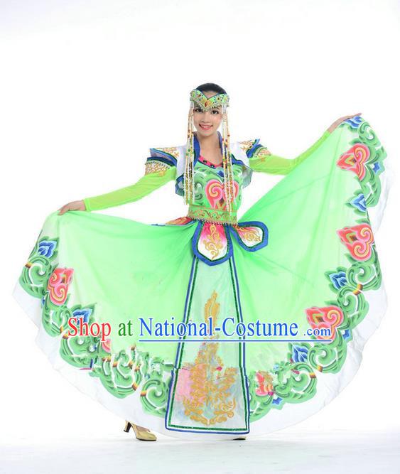 Traditional Chinese Mongol Nationality Dance Costume, Mongols Princess Folk Dance Ethnic Pleated Skirt, Chinese Mongolian Minority Nationality Green Dress Clothing for Women