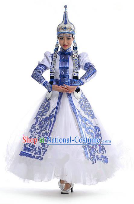 Traditional Chinese Mongol Nationality Dance Costume, Mongols Female Folk Dance Ethnic Pleated Skirt, Chinese Mongolian Minority Nationality Blue Dress Clothing for Women