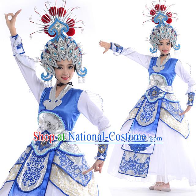 Traditional Chinese Classical Peking Opera Dance Costume, Folk Dance Drum Dance Uniform Costume and Hat Complete Set for Women