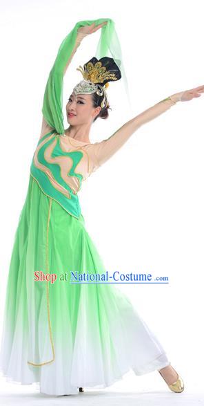 Traditional Chinese Classical Dance Water Sleeve Fan Dancing Costume, Folk Dance Drum Dance Uniform Yangko Green Dress for Women