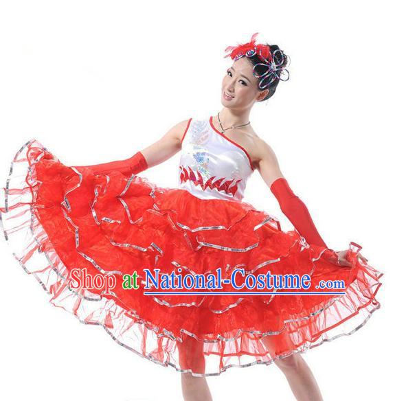 Traditional Chinese Classical Dance Fan Dancing Costume, Folk Dance Uniform Red Bubble Dress for Women