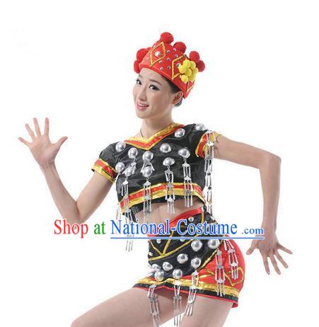 Traditional Chinese Miao Nationality Dancing Costume, Hmong Female Folk Dance Ethnic Cloth, Chinese Tujia Minority Nationality Dance Clothing for Women