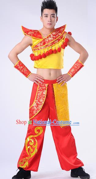 Traditional Chinese Classical Dance Yangge Fan Dance Costume, Folk Dance Drum Dance Uniform Yangko Clothing Complete Set for Men