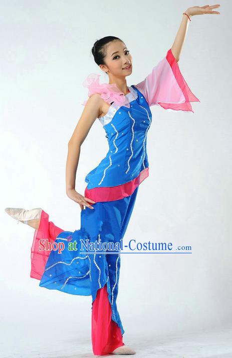 Traditional Chinese Classical Dance Yangge Fan Dancing Mandarin Sleeve Costume, Folk Dance Drum Dance Uniform Yangko Blue Clothing for Women