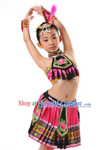 Traditional Chinese Zhuang Nationality Dancing Costume, Children Zhuang Zu Folk Dance Ethnic Pleated Skirt, Chinese Minority Nationality Embroidery Costume for Kids