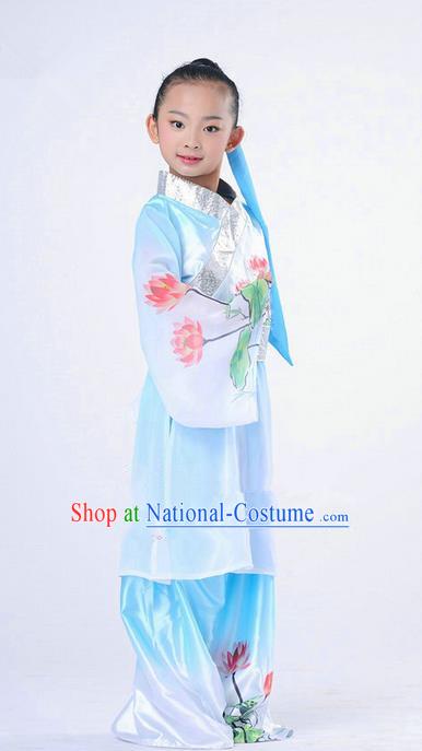 Traditional Chinese Classical Dance Peking Opera Performance Costume, Children Folk Dance Uniform Lotus Dance Blue Clothing for Kids