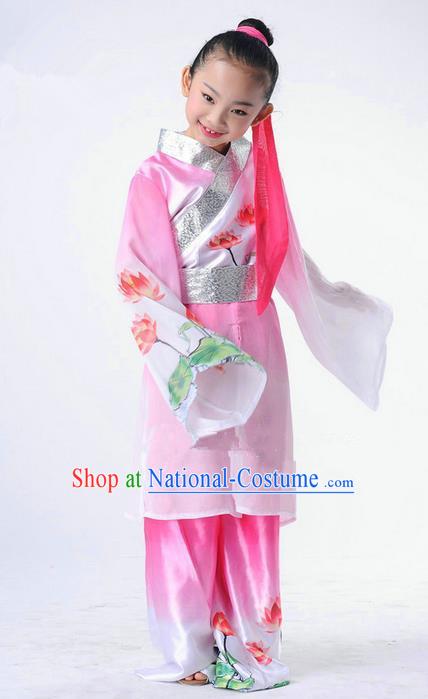 Traditional Chinese Classical Dance Peking Opera Performance Costume, Children Folk Dance Uniform Lotus Dance Pink Clothing for Kids