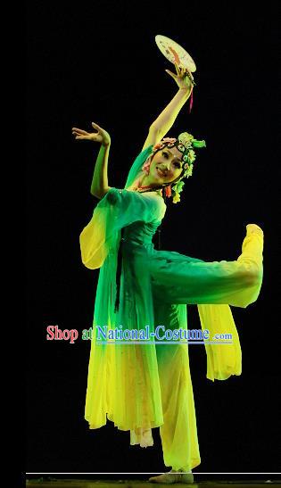 Traditional Chinese Classical Dance Yangge Fan Dance Costume, Folk Dance Drum Dance Uniform Yangko Green Dress for Women