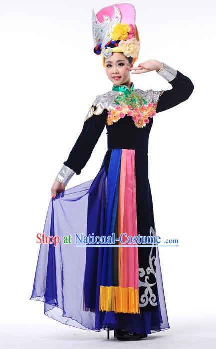 Traditional Chinese Qiang Nationality Dancing Costume, Qiang Zu Female Folk Dance Ethnic Pleated Dress, Chinese Minority Nationality Embroidery Costume for Women