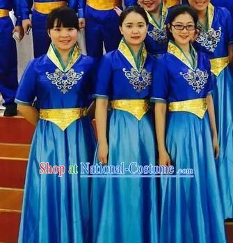 Chinese Classic Stage Performance Chorus Singing Group Costumes, Opening Dance Competition Blue Dress, Classic Dance Clothing for Women