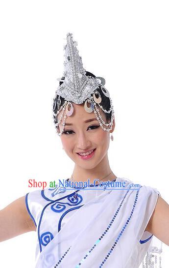 Traditional Chinese Dai Nationality Peacock Dancing Headwear, Chinese Minority Nationality Folk Dancing Headpiece Hat for Women