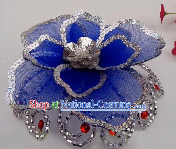 Traditional Chinese Folk Dance Headwear Yangko Hair Accessories, Chinese Classical Dance Blue Flower Headpiece Hair Pin for Women