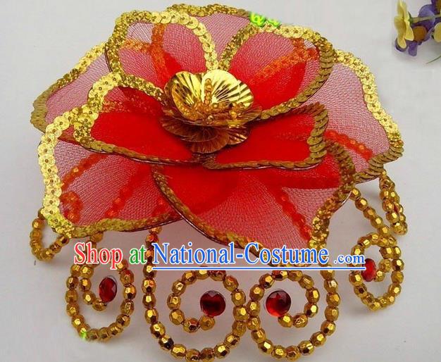 Traditional Chinese Folk Dance Headwear Yangko Hair Accessories, Chinese Classical Dance Red Flower Headpiece Hair Pin for Women