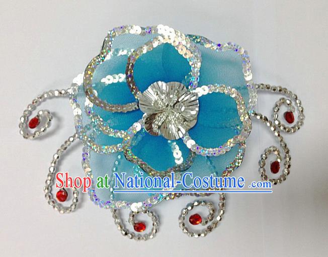 Traditional Chinese Folk Dance Headwear Yangko Hair Accessories, Chinese Classical Dance Light Blue Flower Headpiece Hair Pin for Women