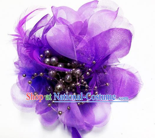 Traditional Chinese Folk Dance Headwear Yangko Hair Accessories, Chinese Classical Dance Purple Feather Headpiece Hair Pin for Women