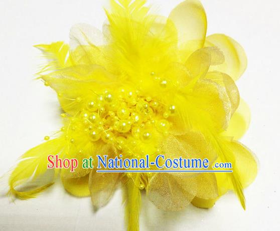 Traditional Chinese Folk Dance Headwear Yangko Hair Accessories, Chinese Classical Dance Yellow Feather Headpiece Hair Pin for Women