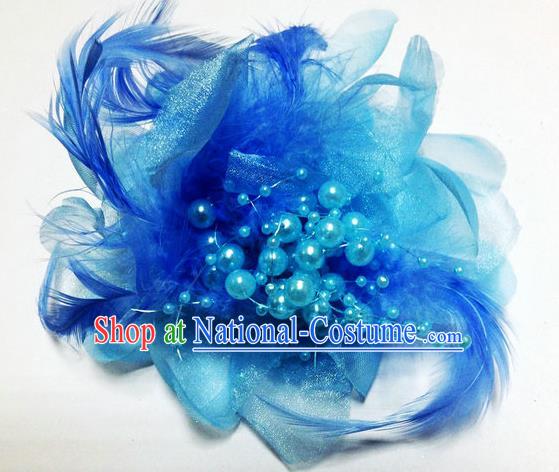 Traditional Chinese Folk Dance Headwear Yangko Hair Accessories, Chinese Classical Dance Blue Feather Headpiece Hair Pin for Women