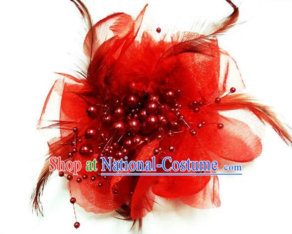 Traditional Chinese Folk Dance Headwear Yangko Hair Accessories, Chinese Classical Dance Red Feather Headpiece Hair Pin for Women