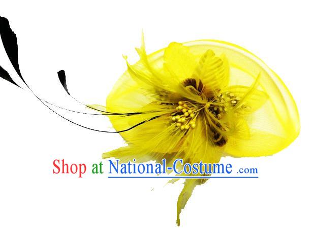 Traditional Chinese Folk Dance Headwear Yangko Hair Accessories, Chinese Classical Dance Yellow Feather Veil Headpiece Hair Pin for Women