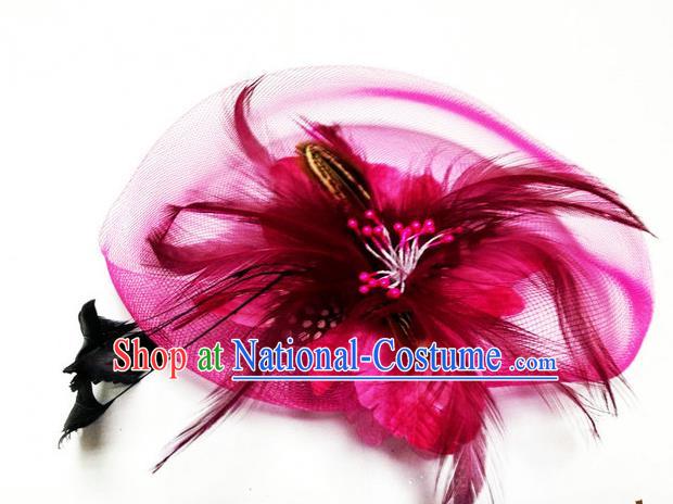 Traditional Chinese Folk Dance Headwear Yangko Hair Accessories, Chinese Classical Dance Wine Red Feather Veil Headpiece Hair Pin for Women