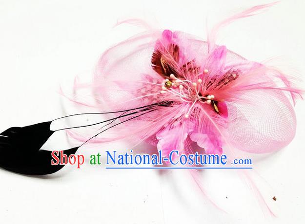 Traditional Chinese Folk Dance Headwear Yangko Hair Accessories, Chinese Classical Dance Pink Feather Veil Headpiece Hair Pin for Women