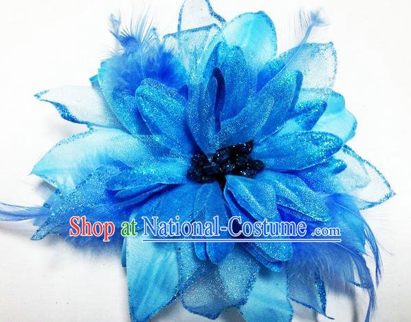 Traditional Chinese Folk Dance Headwear Yangko Hair Accessories, Chinese Classical Dance Blue Peony Flower Headpiece Hair Pin for Women