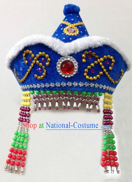 Traditional Chinese Mongol Nationality Dance Headwear, Chinese Mongolian Minority Nationality Folk Dancing Blue Hat for Kids