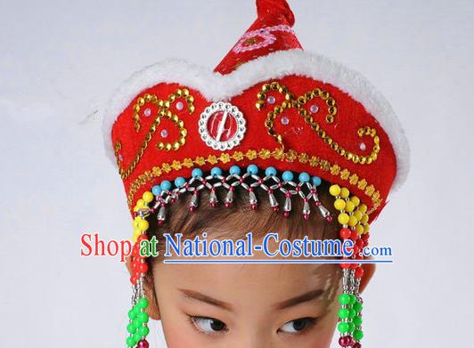 Traditional Chinese Mongol Nationality Dance Headwear, Chinese Mongolian Minority Nationality Folk Dancing Red Hat for Kids