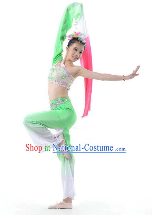 Traditional Chinese Classical Dance Water-sleeve Costume, Folk Dance Drum Dance Uniform Yangko Green Dress for Women