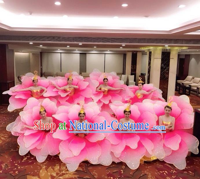 Traditional Chinese Modern Dancing Compere Costume, Women Opening Classic Chorus Singing Group Dance Uniforms, Modern Dance Classic Dance Pink Flowers Dress for Women