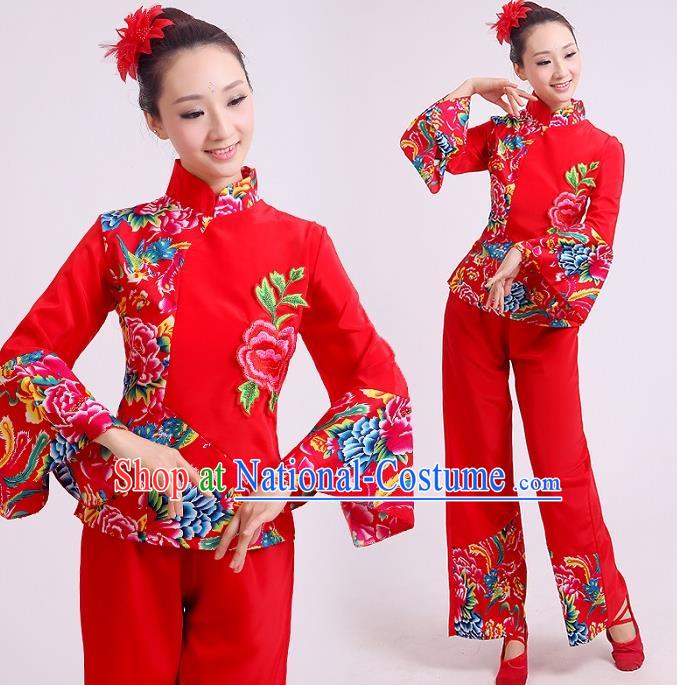 Traditional Chinese Yangge Fan Dancing Costume, Folk Dance Yangko Mandarin Sleeve Uniforms Drum Dance Red Clothing for Women