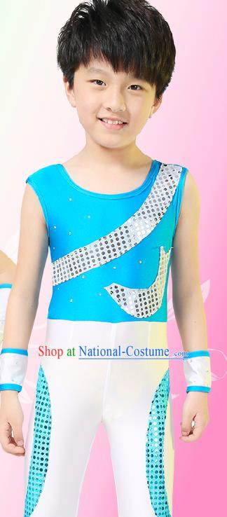 Chinese Modern Dance Costume, Children Opening Classic Chorus Singing Group Uniforms, Modern Dance Blue Gym Suit for Boys Kids