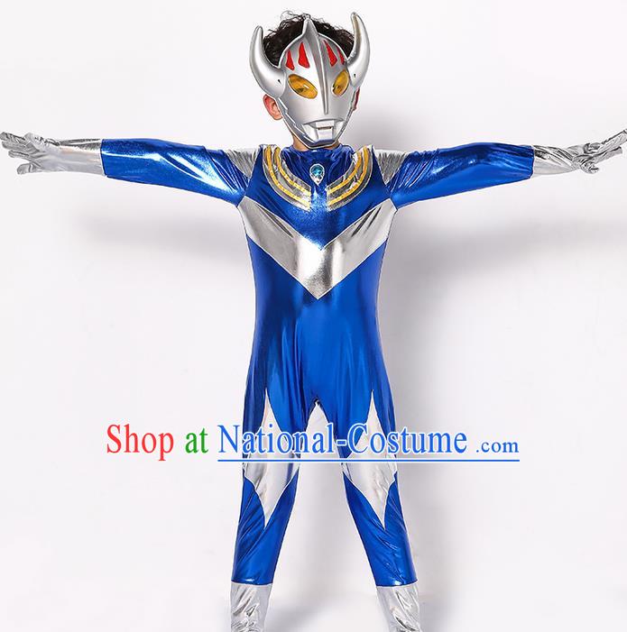 Chinese Modern Dance Costume, Children Cosplay Ultraman Uniforms, Halloween Party Blue Suit for Boys Kids