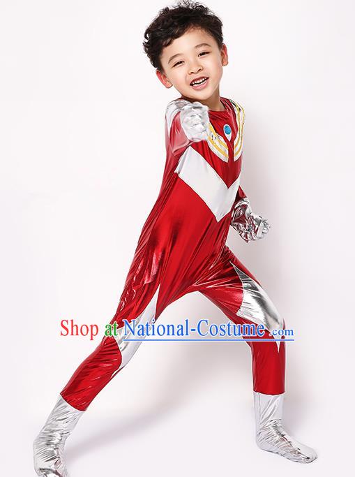 Chinese Modern Dance Costume, Children Cosplay Ultraman Uniforms, Halloween Party Red Suit for Boys Kids