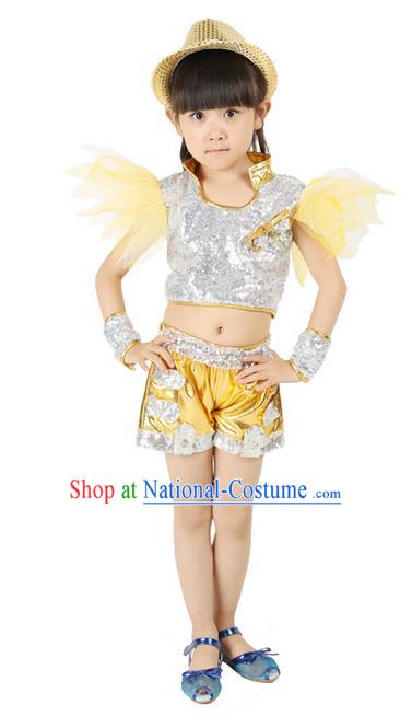 Chinese Modern Dance Costume, Children Opening Classic Chorus Uniforms, Jazz Dance Yellow Paillette Suit for Girls Kids