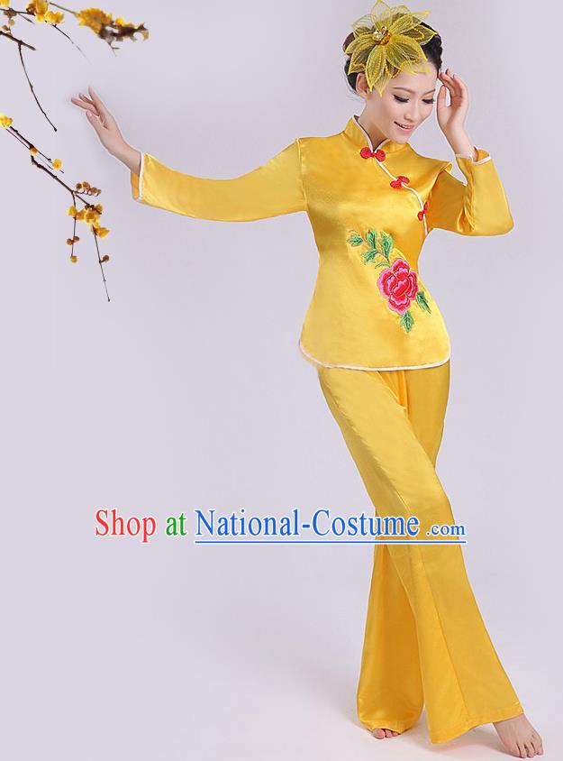 Traditional Chinese Yangge Fan Dancing Costume, Folk Dance Yangko Costume Drum Dance Yellow Clothing for Women