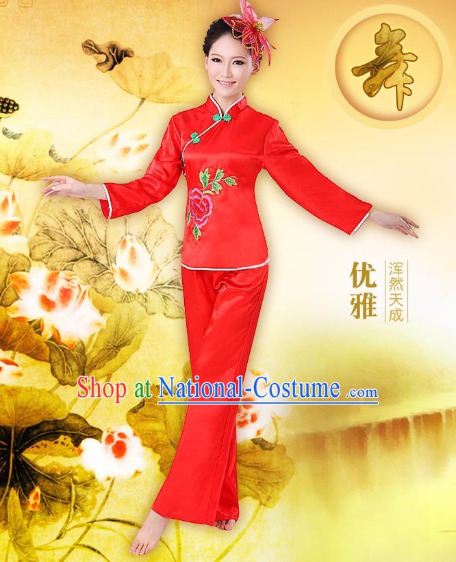 Traditional Chinese Yangge Fan Dancing Costume, Folk Dance Yangko Costume Drum Dance Red Clothing for Women