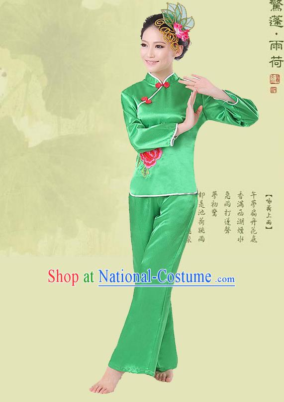 Traditional Chinese Yangge Fan Dancing Costume, Folk Dance Yangko Costume Drum Dance Green Clothing for Women