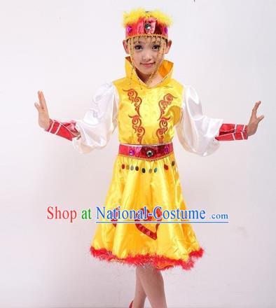 Traditional Chinese Mongol Nationality Dancing Costume, Mongols Children Folk Dance Ethnic Pleated Skirt, Chinese Minority Nationality Yellow Dress for Kids