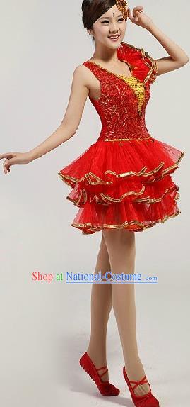 Chinese Compere Performance Costume, Opening Dance Chorus Dress, Modern Dance Classic Dance Red Bubble Dress for Women