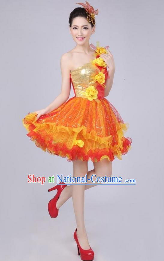 Chinese Compere Performance Costume, Opening Dance Chorus Dress, Modern Dance Classic Dance One-shoulder Yellow Flowers Bubble Dress for Women