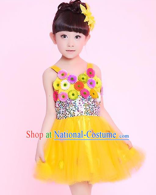 Traditional Chinese Modern Dance Compere Performance Costume, Children Opening Dance Chorus Flowers Dress, Classic Dance Yellow Bubble Dress for Girls Kids