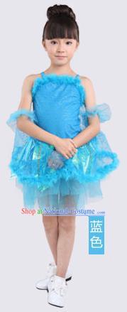 Top Compere Performance Catwalks Costume, Children Chorus Red Dress with Wings, Modern Dance Princess Short Blue Bubble Dress for Girls Kids