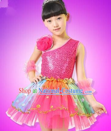 Top Compere Performance Catwalks Costume, Children Chorus Red Dress, Modern Dance Princess Red Veil Bubble Dress for Girls Kids