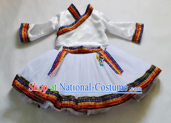 Traditional Chinese Zang Nationality Dancing Costume, Tibetan Children Folk Dance Ethnic Pleated Skirt, Chinese Tibetan Minority White Dress for Kids