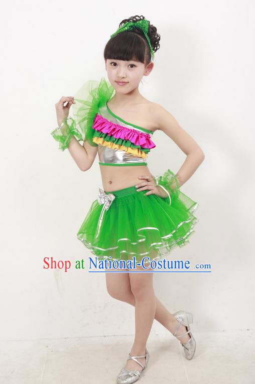 Top Compere Performance Catwalks Costume, Children Chorus Dress, Modern Latin Dance Green Veil Bubble Dress for Girls Kids