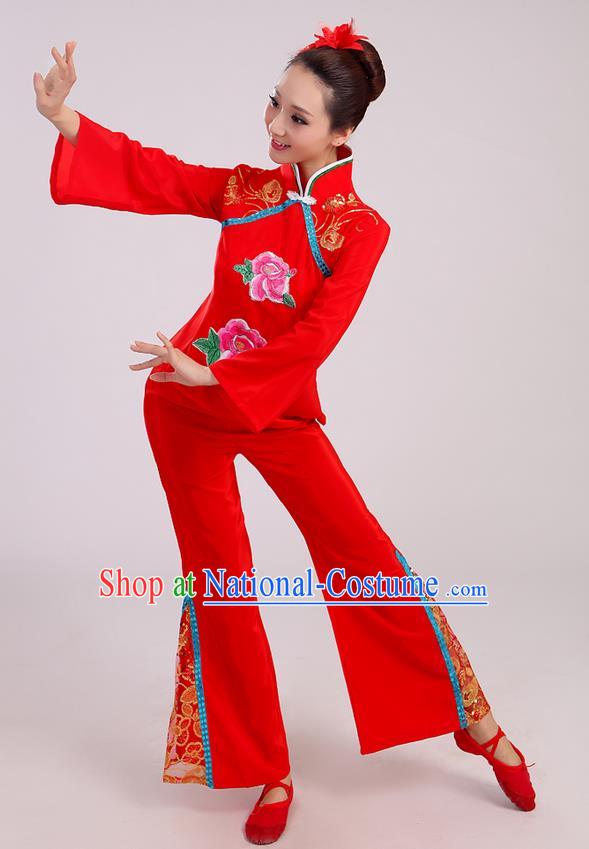 Traditional Chinese Yangge Fan Dancing Costume, Folk Dance Yangko Mandarin Sleeve Uniform Drum Dance Red Clothing for Women